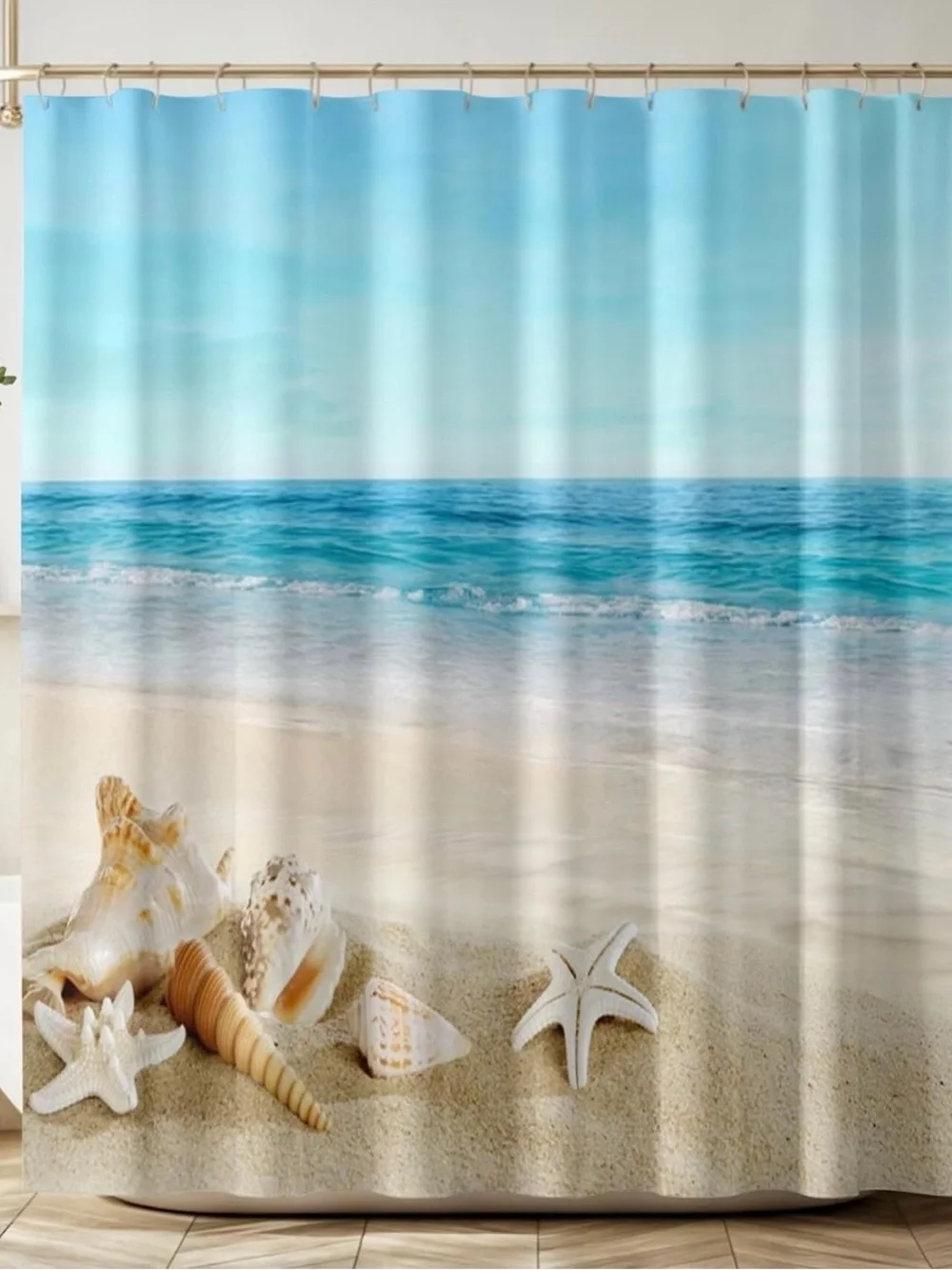 Seaside Shells Shower Curtain - Blue Beach Print